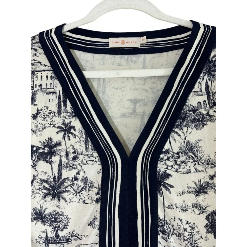 Tory Burch Silk Interlock Dress Blue Ivory Toile Print V-Neck Designer sz S/P